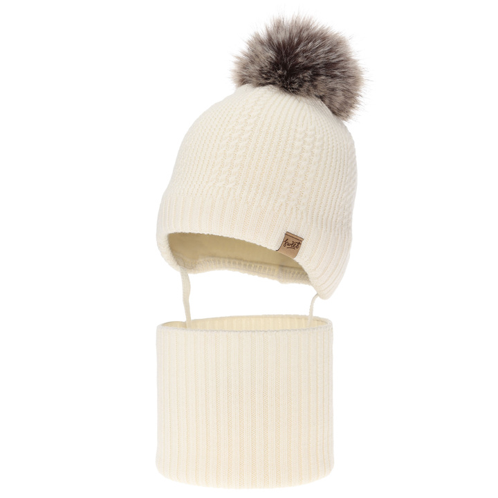 Poikien pipo ja kauluri, talvi setti, kerma, 100% merinovillaa, vuorattu villafleeceellä, sidottava Danny