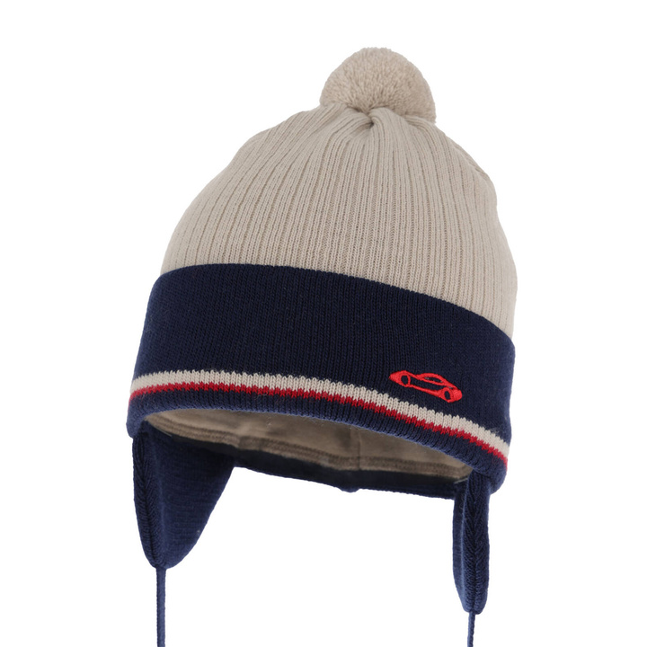 Jongens herfst/lente muts, beige, met bindkoorden, met garen pompon, Jacob