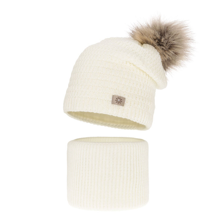 Meisjes winter set muts en buissjaal, kremowy, met garen pompon, Germina