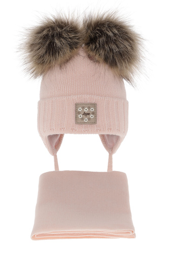 Meisjes winter set muts en sjaal, vaaleanpunainen, met twee pompons garen, met bindkoorden, Jazz