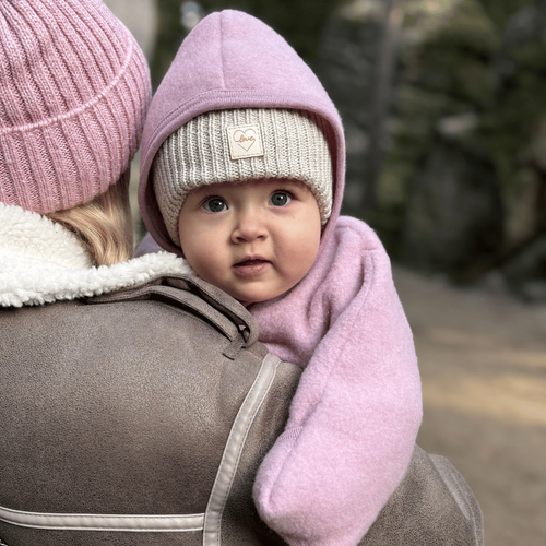 Meisjes wintermuts, lichtroze, 100% merinovilla, met bindkoorden, gevoerd met wollen fleece, Havana