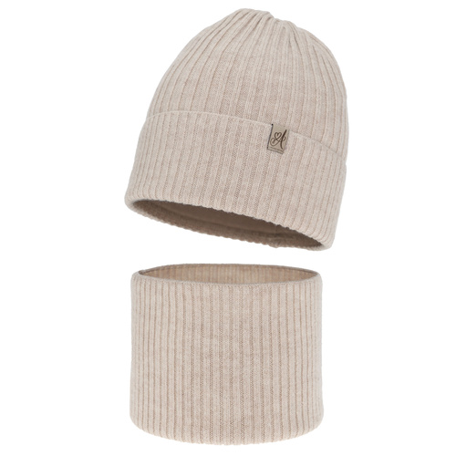 Meisjes winter set muts en buissjaal, beige, 100% Merino Wol, Patricia
