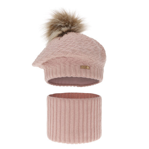 Meisjes winter set muts en halswarmer, roze, met garen pompon, Atene