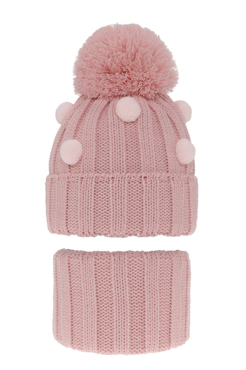 Meisjes winter set muts en buissjaal, roze, met garen pompon, Hekate
