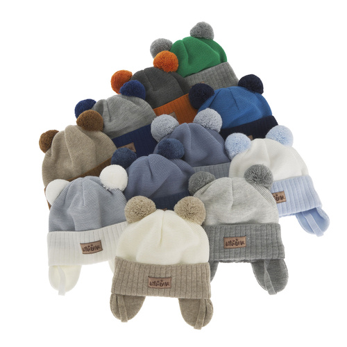 Jongens herfst/lente muts, grijs, met twee pompons garen, met bindkoorden, Gigant