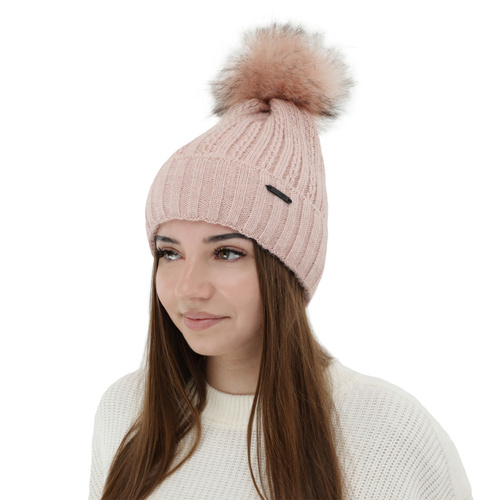 Dames wintermuts, roze, met garen pompon, Karizma