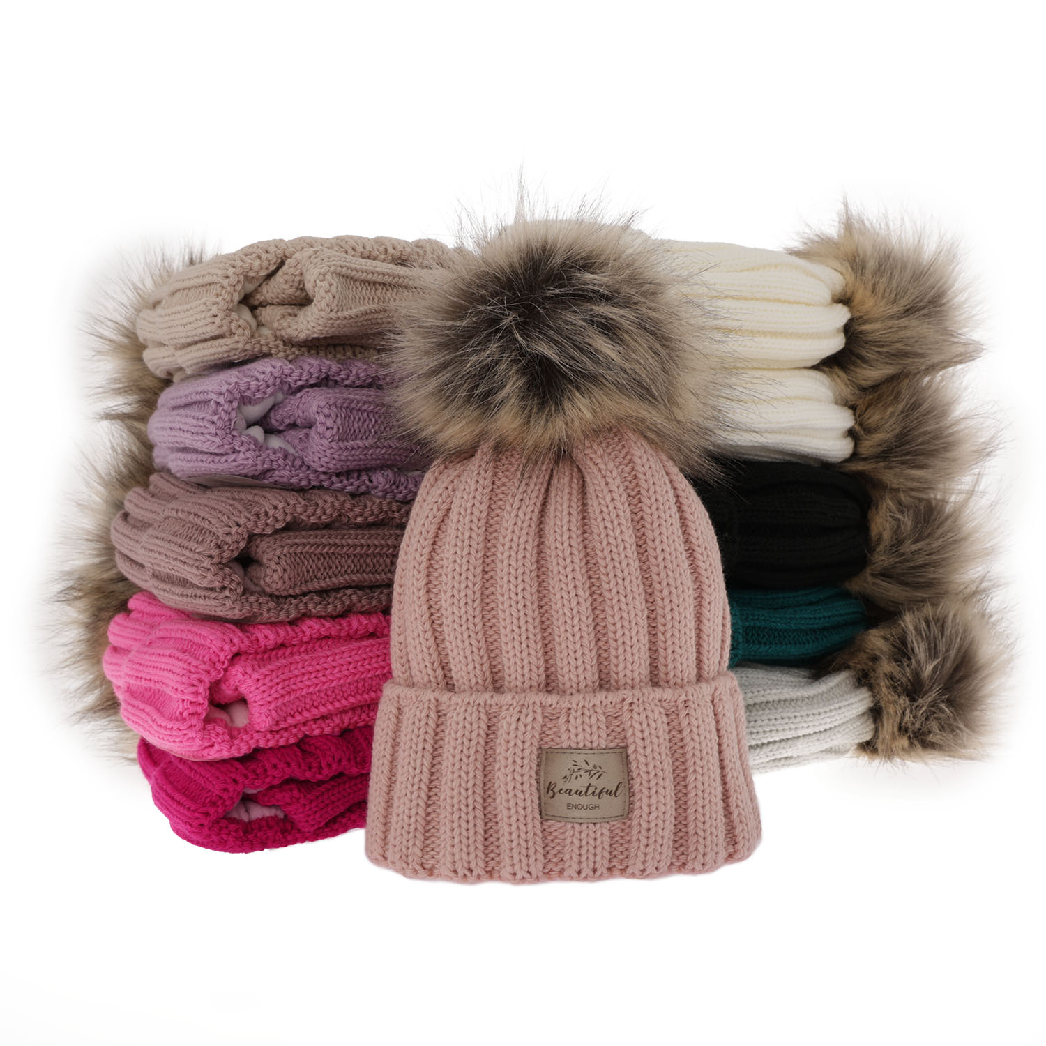 Meisjes winter set muts en buissjaal, beige, met garen pompon, Kaliope