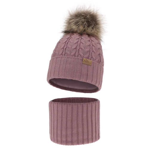 Meisjes winter set muts en buissjaal, wit, met garen pompon, Tanzania