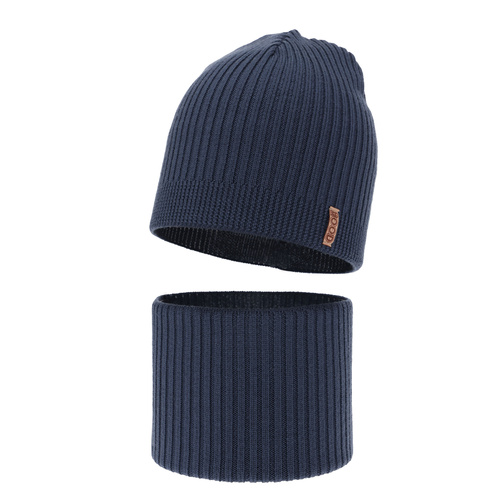Jongens herfst/lente set muts en buissjaal, donkerblauw, 100% Merino Wol, Chester