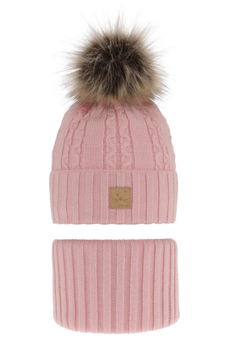 Meisjes winter set muts en buissjaal, roze, met garen pompon, Alexia