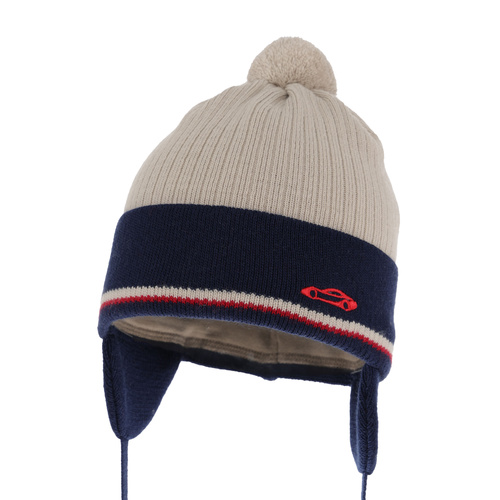 Jongens herfst/lente muts, beige, met bindkoorden, met garen pompon, Jacob