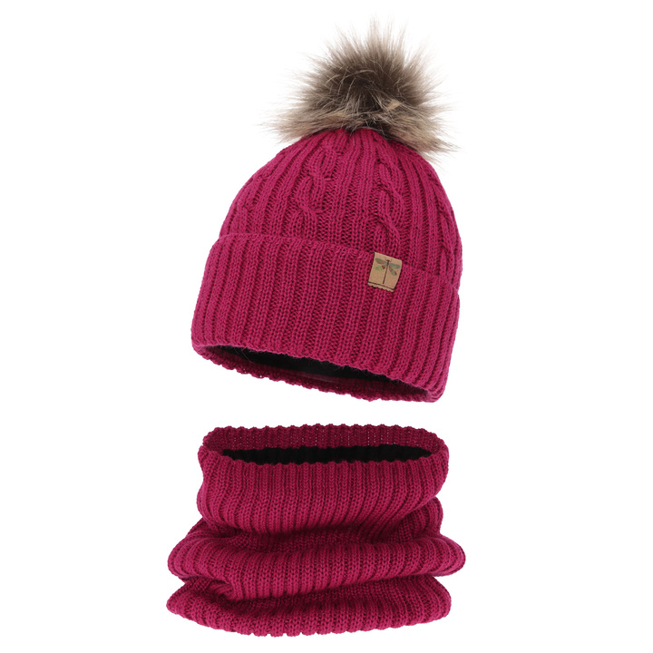 Meisjes winter set muts en buissjaal, amarant, met garen pompon, met merinowol, Aprilia
