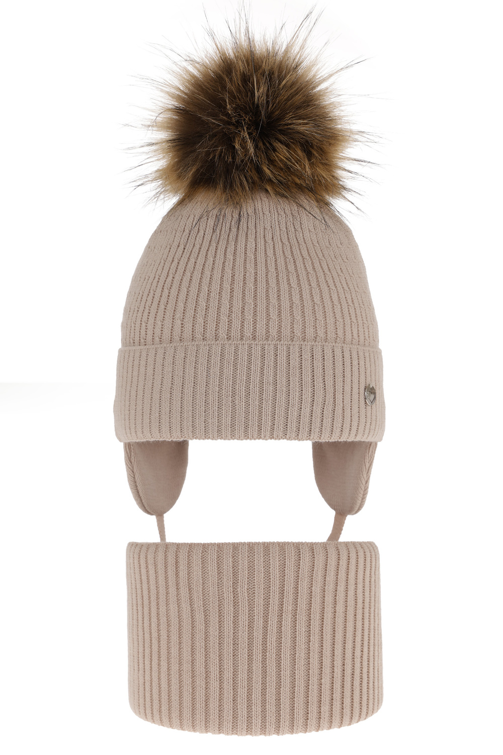 Meisjes winter set muts en buissjaal, beige, met garen pompon, Debra