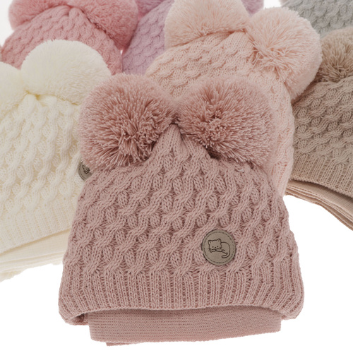 Meisjes winter set muts en sjaal, lila, met twee pompons garen, met bindkoorden, Anava