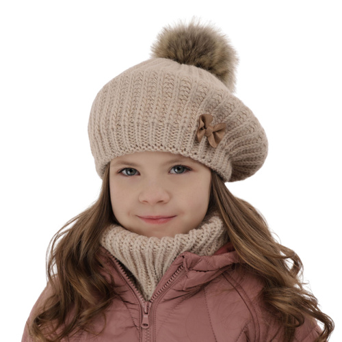 Meisjes winter set muts en buissjaal, beige, met garen pompon, Polinezja