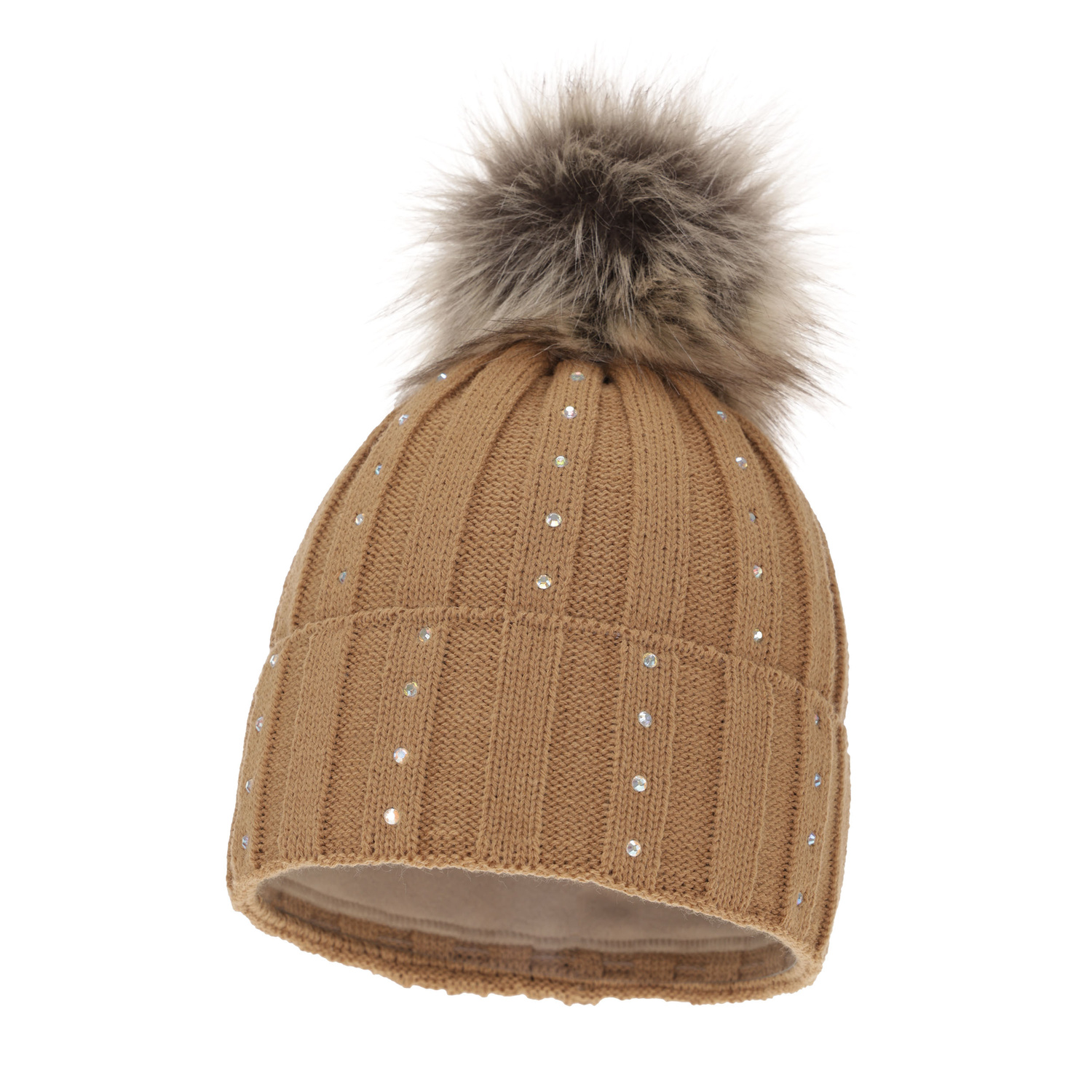 Dames wintermuts, camel, met garen pompon, Mada