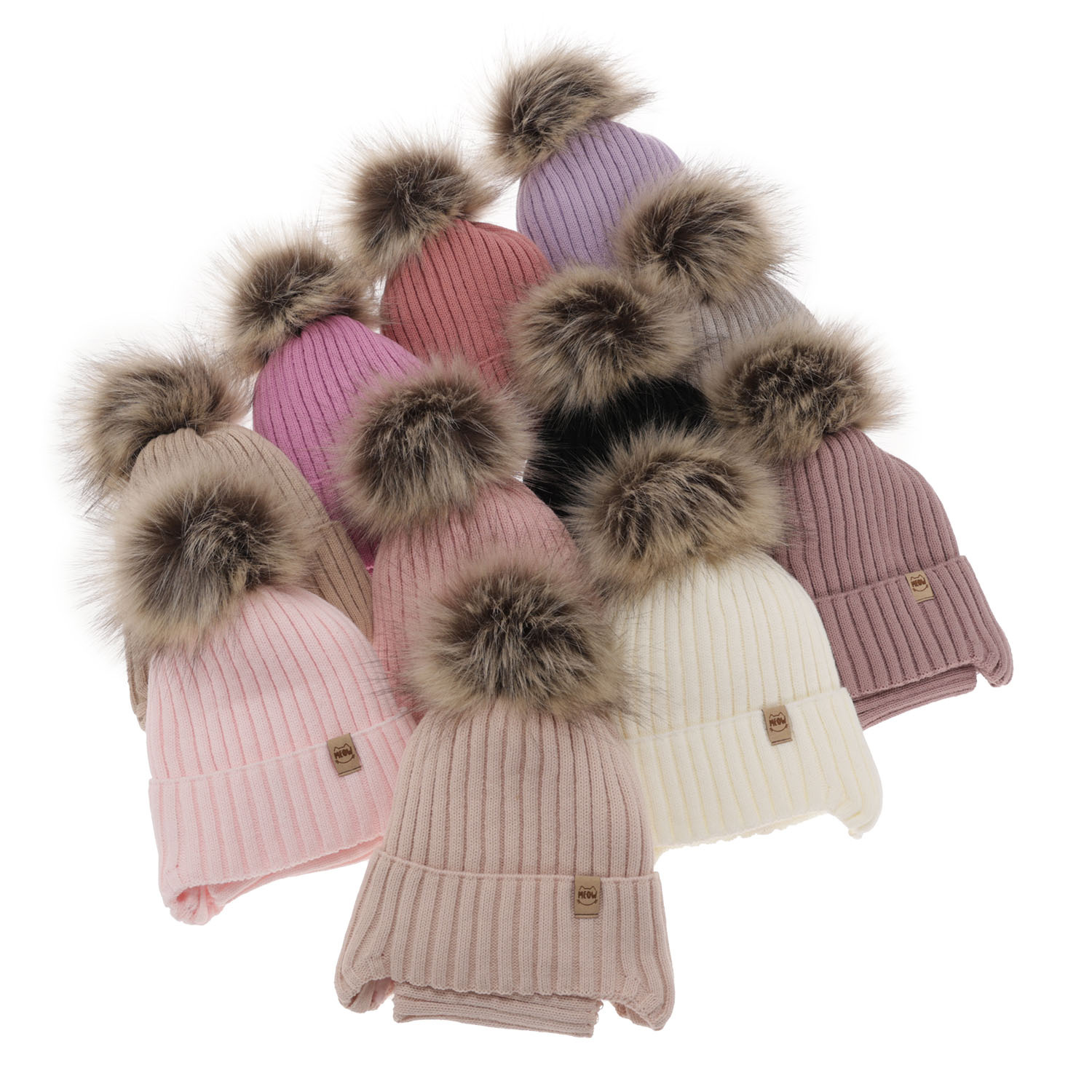 Meisjes winter set muts en sjaal, roze, met garen pompon, met bindkoorden, Louisa