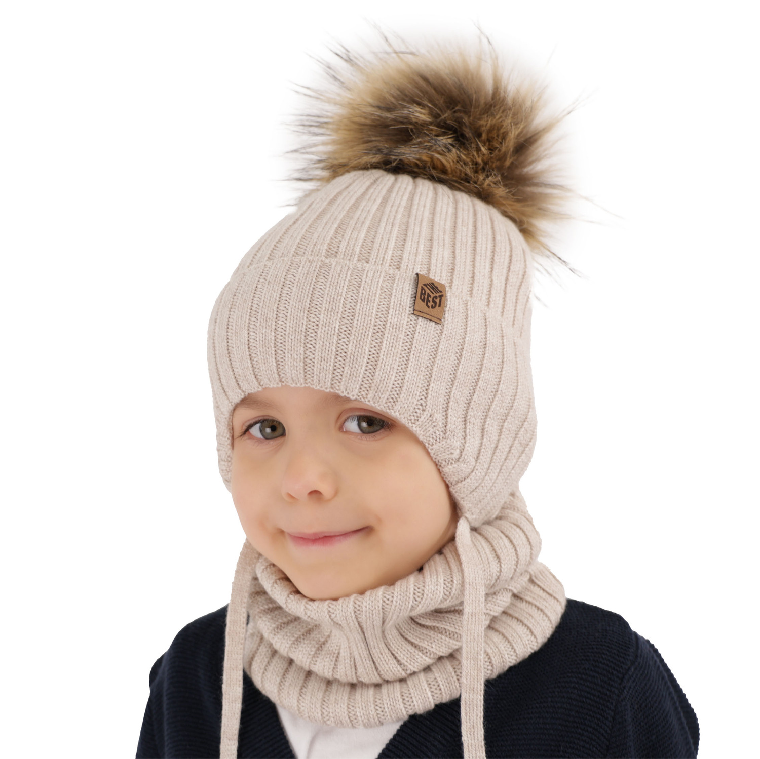 Jongens winter set, beige, met bindkoorden, 100% Merino Wol, Juno