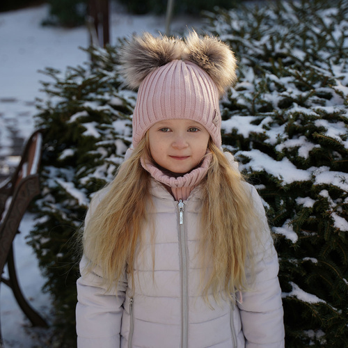 Meisjes winter set muts en buissjaal, zwart, met twee pompons garen, met bindkoorden, Telisa