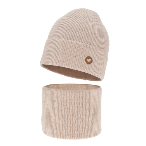 Meisjes herfst/lente set muts en buissjaal, beige, 100% Merino Wol, Brook