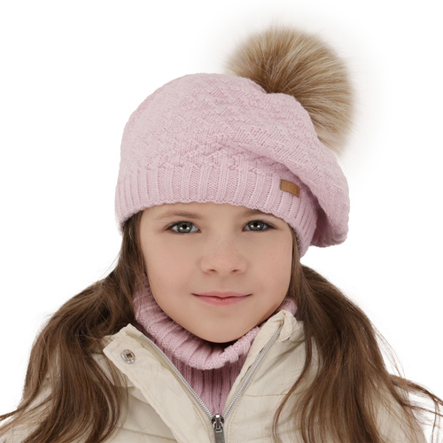 Meisjes winter set muts en halswarmer, roze, met garen pompon, Atene