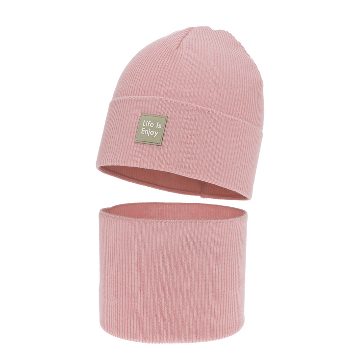 Tyttöjen syys/kevät setti: pipo ja putkihuivi, puuvillalla, vaaleanpunainen, Zola