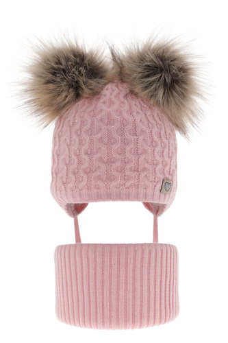 Meisjes winter set muts en buissjaal, roze, met twee pompons garen, met bindkoorden, Poliana