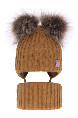 Meisjes winter set muts en buissjaal, camel, met twee pompons garen, met bindkoorden, Telisa