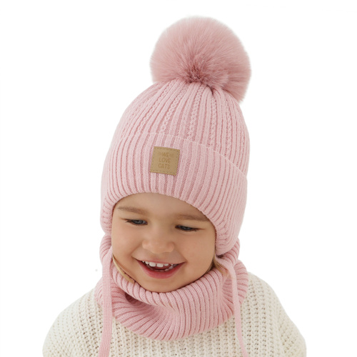 Meisjes winter set muts en buissjaal, beige, met garen pompon, Betty