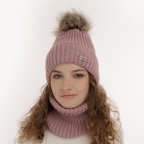 Meisjes winter set muts en buissjaal, roze, met garen pompon, Willow