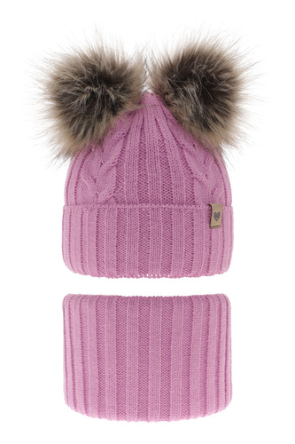 Meisjes winter set muts en buissjaal, roze, met twee pompons, Amala