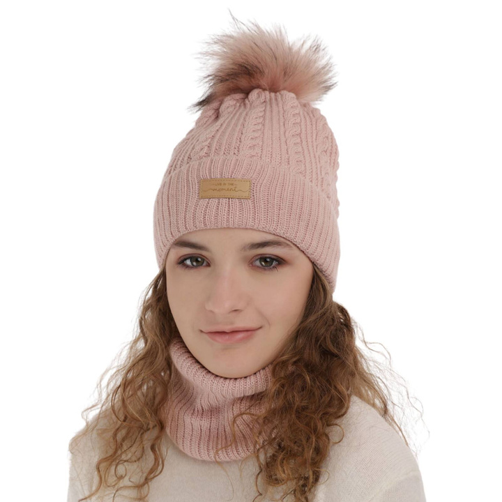Meisjes winter set muts en buissjaal, roze, met garen pompon, Alika