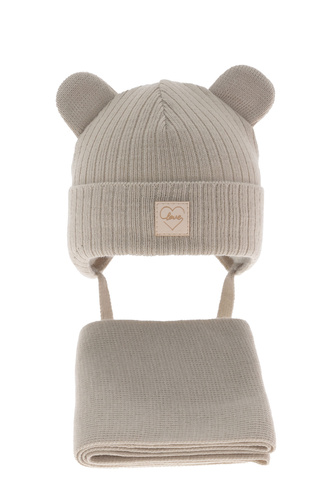 Meisjes winter set muts en sjaal, beige, met bindkoorden, Antola