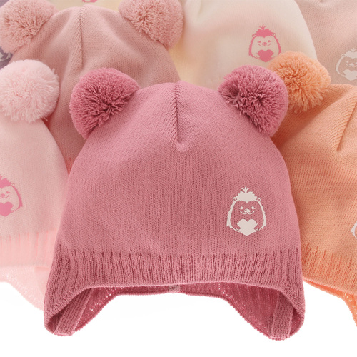 Meisjes herfst/lente muts, paars, met twee pompons (garen), met bindkoorden, Bunia