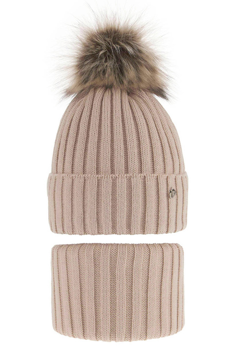 Meisjes winter set, beige, met garen pompon, Wilma
