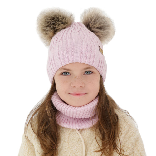 Meisjes winter set muts en buissjaal, paars, met twee pompons garen, Sierra