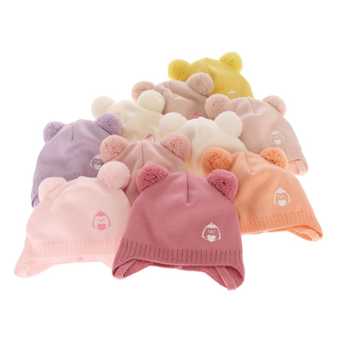 Meisjes herfst/lente muts, paars, met twee pompons (garen), met bindkoorden, Bunia