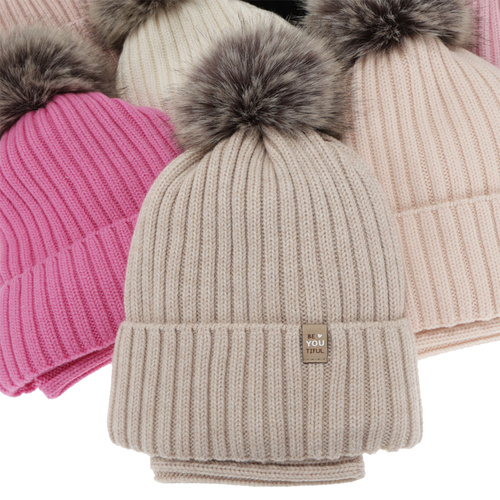 Tyttöjen talvisetti (pipo ja putkihuivi), vaaleanpunainen, 100% merinovilla, puuvillavuorilla, tupsulla, Terida