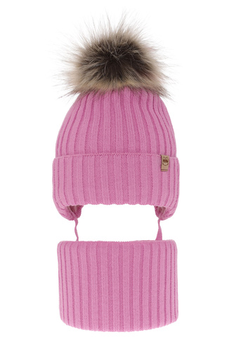 Meisjes winter set muts en sjaal, roze, met garen pompon, met bindkoorden, Louisa