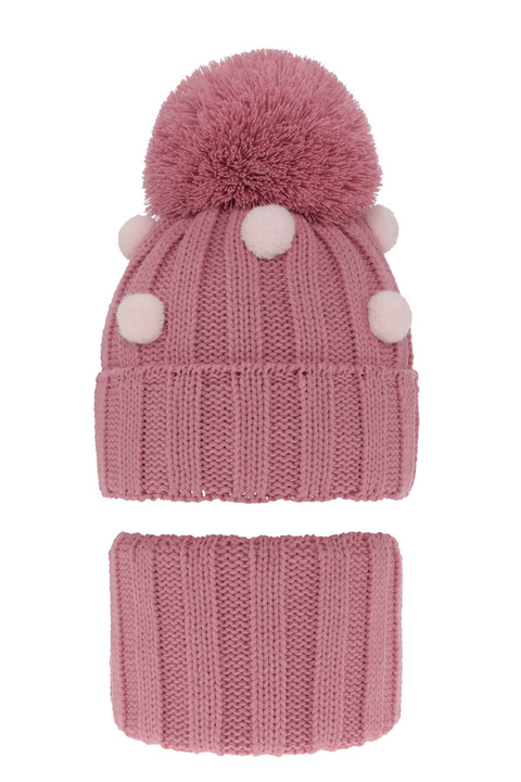 Meisjes winter set muts en buissjaal, roze, met garen pompon, Hekate