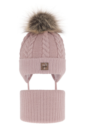 Meisjes winter set, roze, met bindkoorden, met garen pompon, Finess
