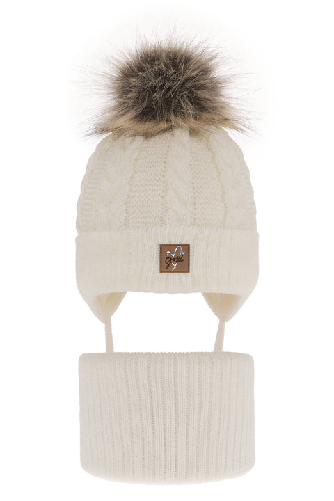 Meisjes winter set muts en buissjaal, kremowy, met garen pompon, Finess