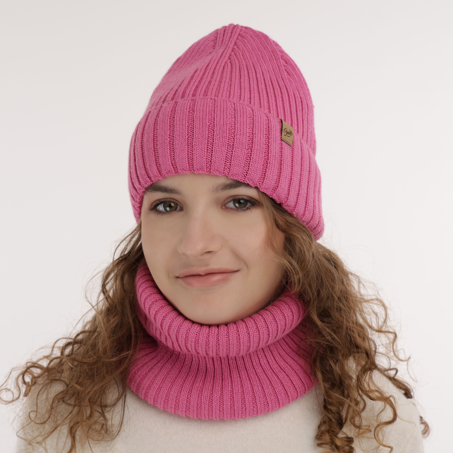 Meisjes winter set muts en buissjaal, roze, met merinowol, Mesalia