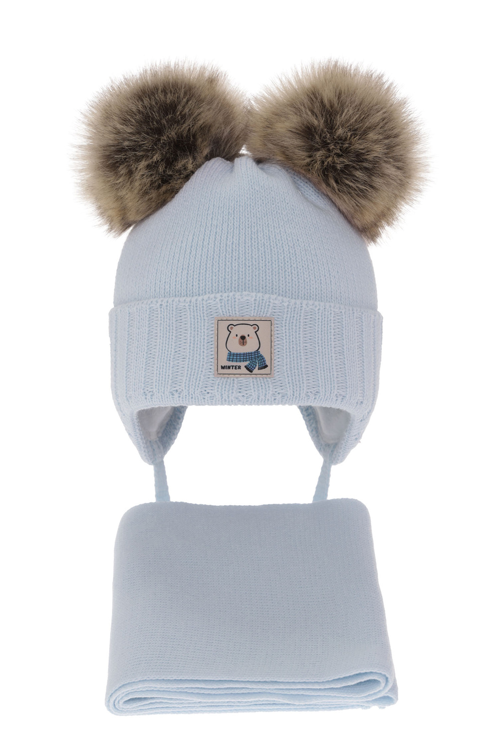 Jongens winter set muts en sjaal, blauw, met twee pompons garen, met bindkoorden, Jewel
