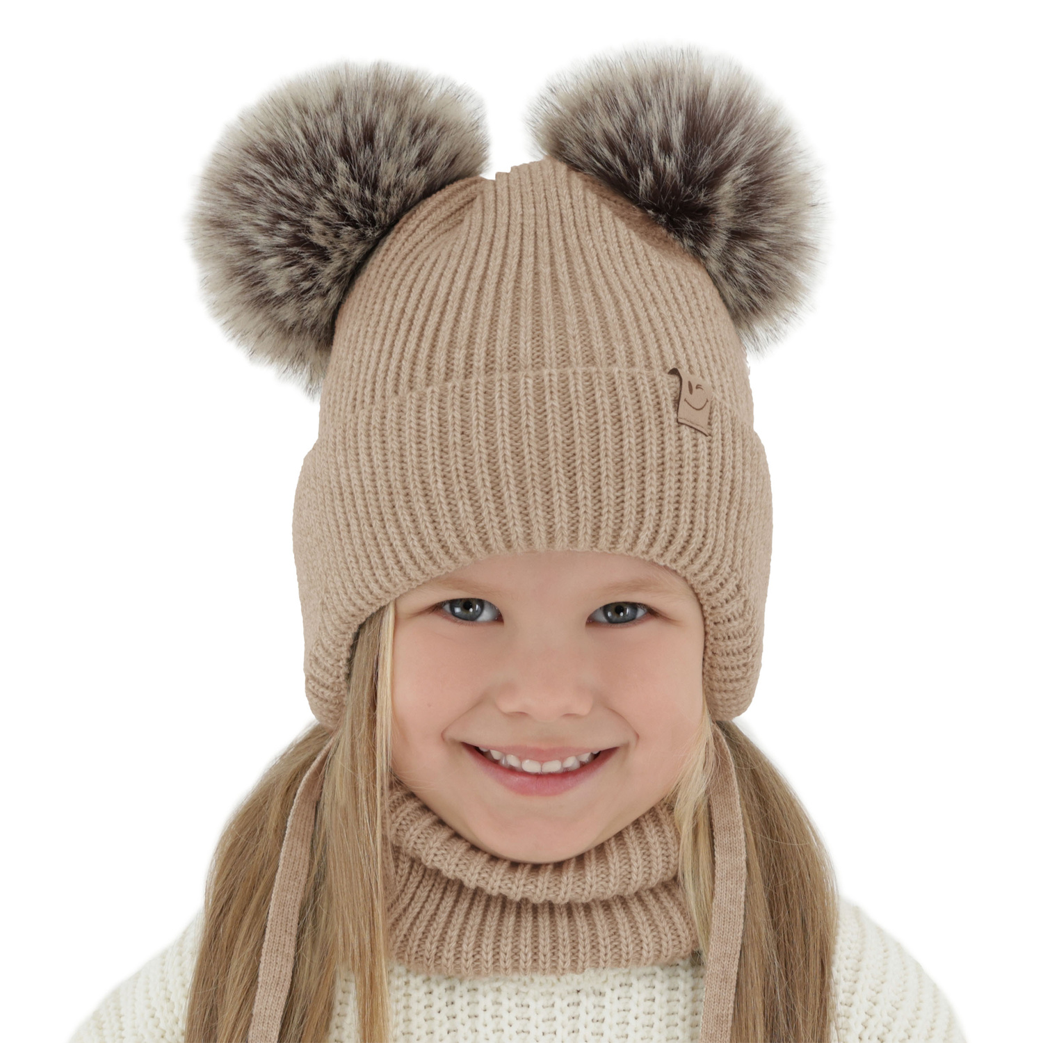 Meisjes winter set, wit, met twee pompons garen, met bindkoorden, Zori