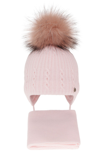 Meisjes winter set muts en sjaal, roze, met garen pompon, Amana