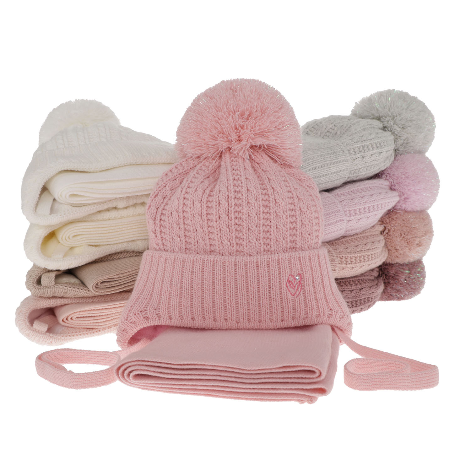 Meisjes winter set muts en sjaal, paars, met bindkoorden, met garen pompon, Marisa