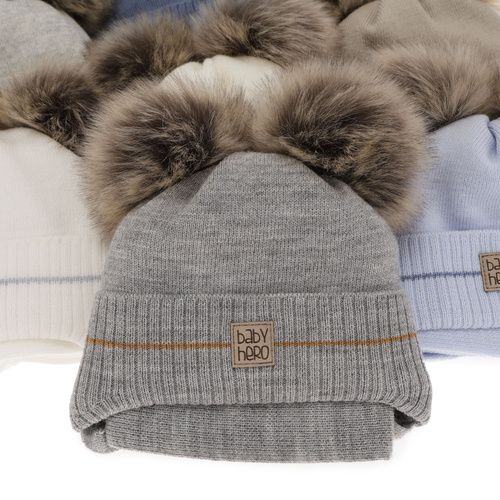 Jongens winter set muts en sjaal, donkerblauw, met twee pompons, met bindkoorden, Melon