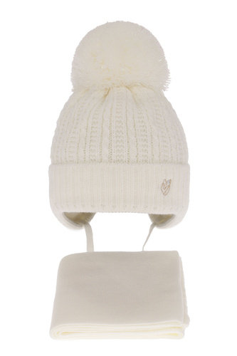 Meisjes winter set muts en sjaal, creme, met bindkoorden, met garen pompon, Marisa
