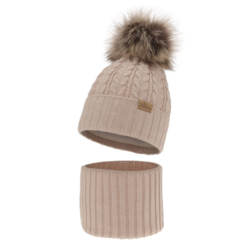 Meisjes winter set muts en buissjaal, beige, met garen pompon, Tanzania